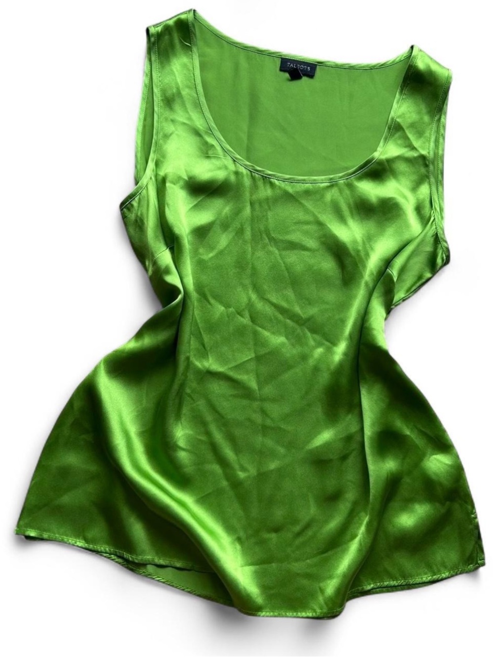 100% Silk Lime Green Sleeveless Shell Tank L/G Top Minimalist Luxe Office Chic